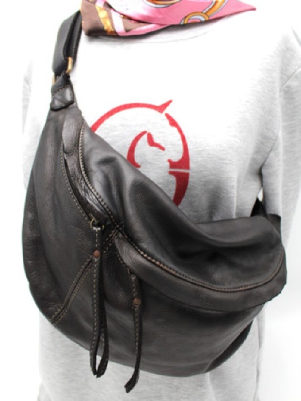 Brown Weathered Italian Leather Crossbody Sling Hobo Bag